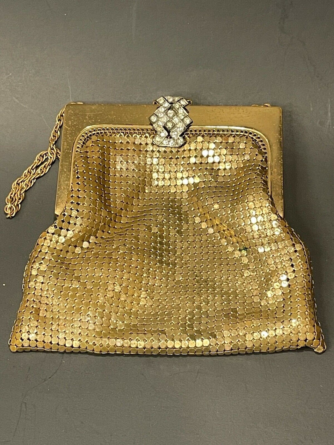 Vintage Whiting & Davis Gold Mesh Mini Evening Bag Art Deco Rhinestone Latch Etsy