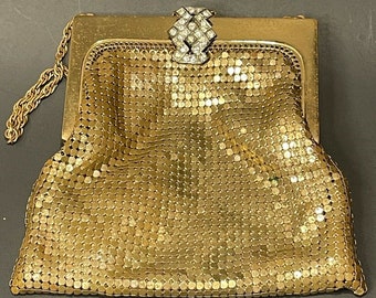 Vintage Whiting &Davis Gold Mesh Mini Bolsa de noche Art Deco Rhinestone Latch