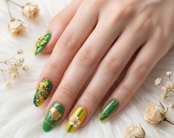 Brazil Soccer Nails, Soccer Festival Tournament Merch, Yellow Green Blue Stripes Press On Nails, Football Festival Fake Nails