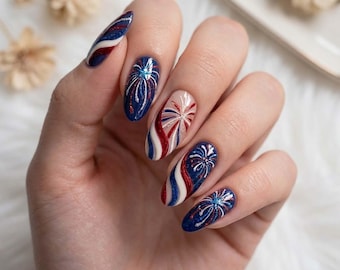 4th of July Press On Nails, USA Fireworks Fake Nails, Patriotic Acrylic Glue On Nails, Red White Blue Nails