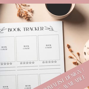 Könnte beinhalten: Eine weiße Buch-Tracker-Vorlage mit dem Text "BOOK TRACKER TEMPLATE" und "BOOK TRACKER". Die Vorlage enthält Bereiche für Buchcover und Sternebewertungen. Der Text "MINIMALIST DESIGN | 3 SIZES AVAILABLE" ist ebenfalls vorhanden.