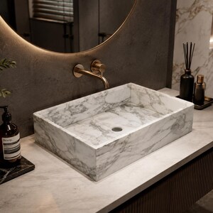 Arabescato Vagli Marble Rectangular Vessel Sink | Handmade Marble Basin from Greece