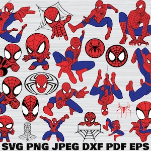 Könnte beinhalten: Eine Sammlung digitaler Illustrationen des Superhelden Spider-Man in verschiedenen Action-Posen, darunter hockend, springend und an Netzen hängend, sowie Charaktermasken, Logos und Symbole in Rot und Blau, mit Text zu Dateiformaten.