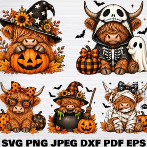 Puede incluir: Un conjunto de ilustraciones digitales con cinco vacas Highland con disfraces de Halloween. Llevan sombreros de bruja con girasoles, sudaderas de esqueleto con fantasmas, gafas de calabaza, están en calderos o momificadas. Texto: SVG PNG JPEG DXF PDF EPS.