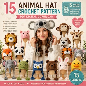 May include: A digital PDF download featuring 15 animal hat crochet patterns. The image displays a collection of crocheted hats shaped like various animals, including a koala, monkey, giraffe, lion, pig, panda, fox, tiger, elephant, frog, owl, bear, rabbit, and duck.
