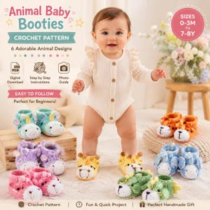 Può includere: Uno schema digitale all'uncinetto per scarpine da neonato a forma di animale con sei design. L'immagine mostra testo tra cui Animal Baby Booties, Crochet Pattern e taglie da 0-3M a 7-8Y. Sono visibili diverse paia di scarpine all'uncinetto.