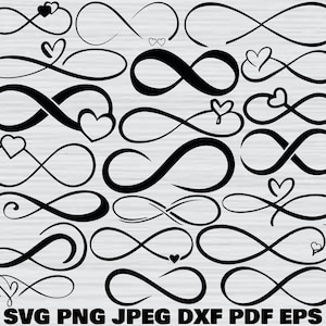 May include: A collection of black infinity symbols, some with heart accents, arranged on a light gray background. The image includes various designs of the infinity symbol, suitable for digital art or crafting projects. The bottom of the image includes the text "SVG PNG JPEG DXF PDF EPS".