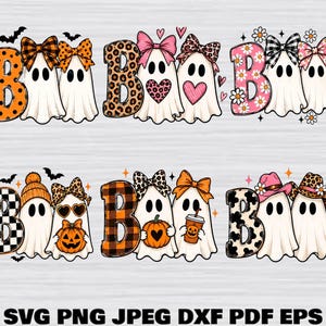 May include: A digital graphic set featuring six variations of the word Boo, each paired with two white ghosts. The designs include patterns like orange polka dots, leopard print, daisies, black and white checks, and orange plaid, with accessories like bows, pumpkins, coffee cups, and cowboy hats.