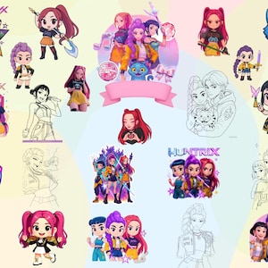 May include: A selection of vibrant cartoon illustrations showcasing a group of female characters, some with weapons or microphones. The images include the word "HUNTRIX" and a blue cat.