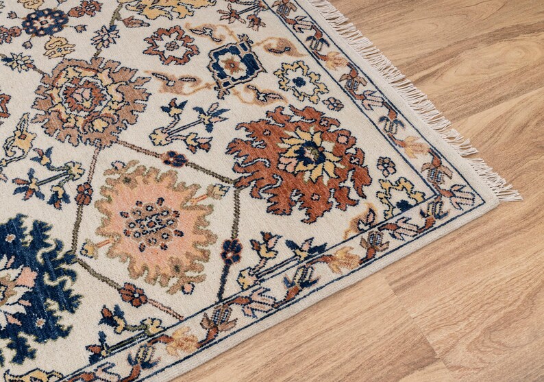 8X10 Cream Wool Hand-Knotted Oushak Rug with Flower Design I Free Shipping I zdjęcie 5
