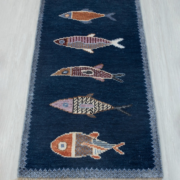 Navy Blue Hand Knotted Fish Motif High Quality Woolen Custom Size Rug