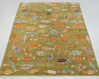 Tapete de lã macio, feito à mão, com estampa de peixes verdes, 2,4 x 3 m, ideal para quarto de bebê/criança.