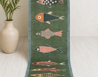 Green Fish Soft Woolen Hand Knotted Runner Rug For Hallway / Staircase