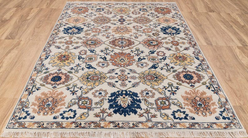 8X10 Cream Wool Hand-Knotted Oushak Rug with Flower Design I Free Shipping I zdjęcie 1