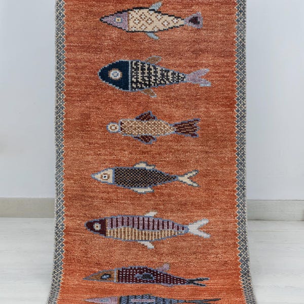 Rust Fish Soft Wool & Silk Hand Knotted Runner Rug For Hallway / Staircase - Kitchen Runner