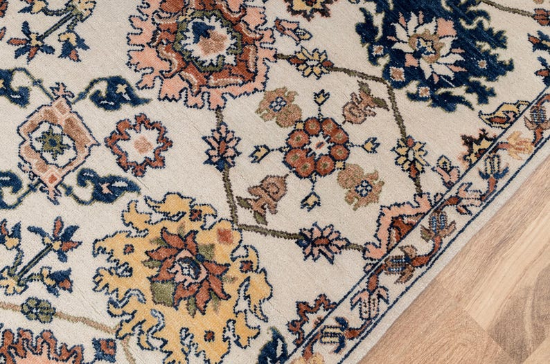 8X10 Cream Wool Hand-Knotted Oushak Rug with Flower Design I Free Shipping I zdjęcie 6