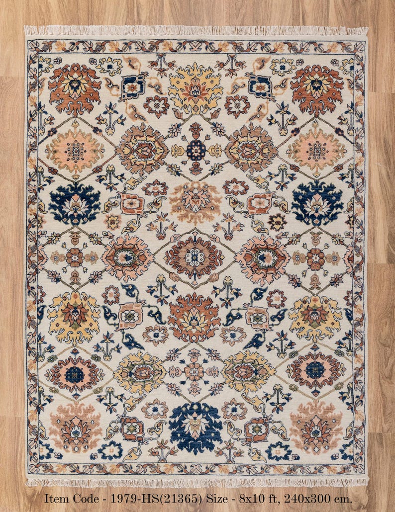 8X10 Cream Wool Hand-Knotted Oushak Rug with Flower Design I Free Shipping I zdjęcie 4