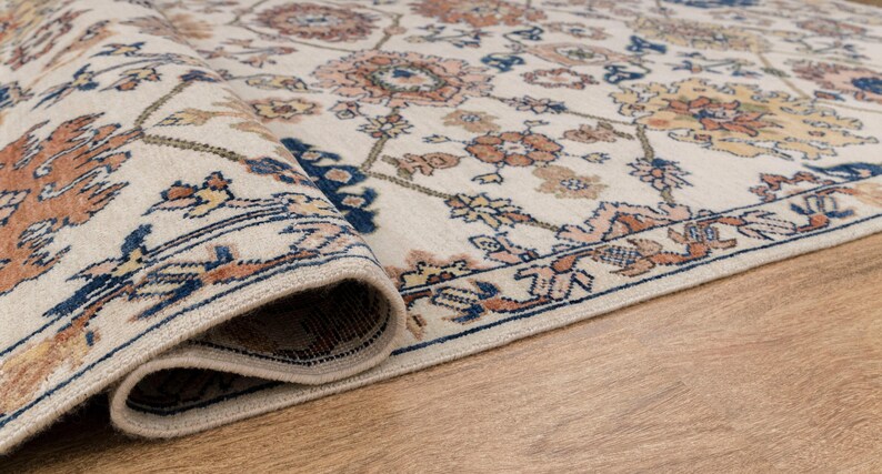 8X10 Cream Wool Hand-Knotted Oushak Rug with Flower Design I Free Shipping I zdjęcie 9
