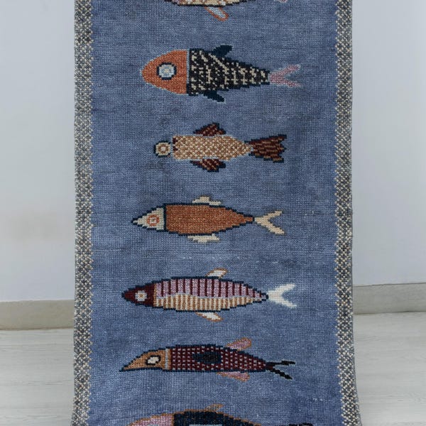 Blue Fish Soft Wool & Silk Hand Knotted Runner Rug For Hallway / Staircase - Kitchen Runner