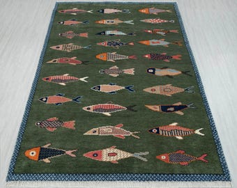 Soft Wool Fish Motifs Fine Hand Knotted Weave CUSTOM SIZE Rug