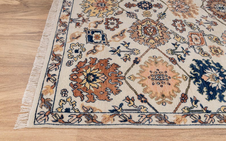 8X10 Cream Wool Hand-Knotted Oushak Rug with Flower Design I Free Shipping I zdjęcie 7