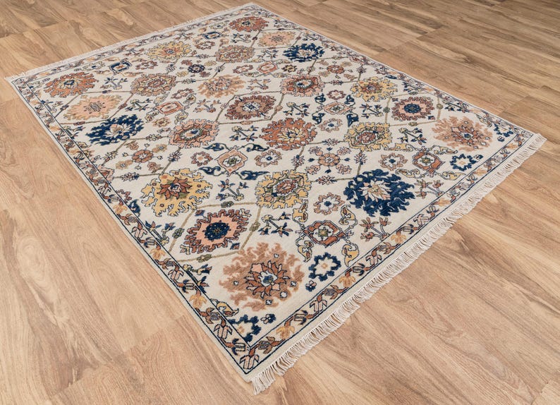 8X10 Cream Wool Hand-Knotted Oushak Rug with Flower Design I Free Shipping I zdjęcie 2