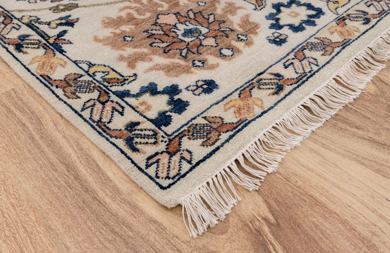8X10 Cream Wool Hand-Knotted Oushak Rug with Flower Design I Free Shipping I zdjęcie 8
