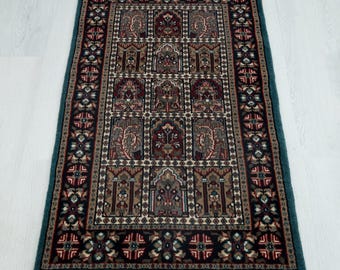 Dywan wełniany w stylu vintage perskim w kolorze turkusowym, jedwabisty w dotyku, 2,6 x 4 stopy