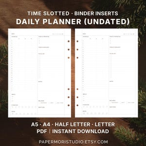 Undatierter Tagesplaner Druckbare stündliche Zeitschlitze A5 A4 Letter Half-Letter Binder Einsätze PDF