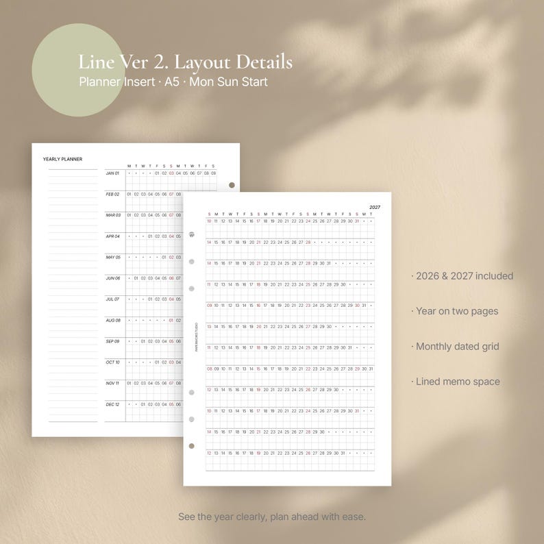A5 Yearly Planner Insert 2026 2027 • Year at a Glance Printable Refill