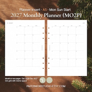 May include: A two-page spread of a 2027 monthly planner insert. The white pages feature a dot grid with memo space and the text "2027 Monthly Planner (MO2P)". The planner insert is A5 size and starts with Monday. The text "PAPERMORISTUDIO.ETSY.COM" is at the bottom.