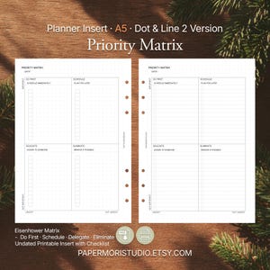 Op de afbeelding: Twee A5 planner inserts met een "Prioriteitenmatrix". Het ontwerp bevat secties voor "Doe eerst", "Plan", "Delegeer" en "Elimineer". De tekst bevat ook "Eisenhower Matrix".
