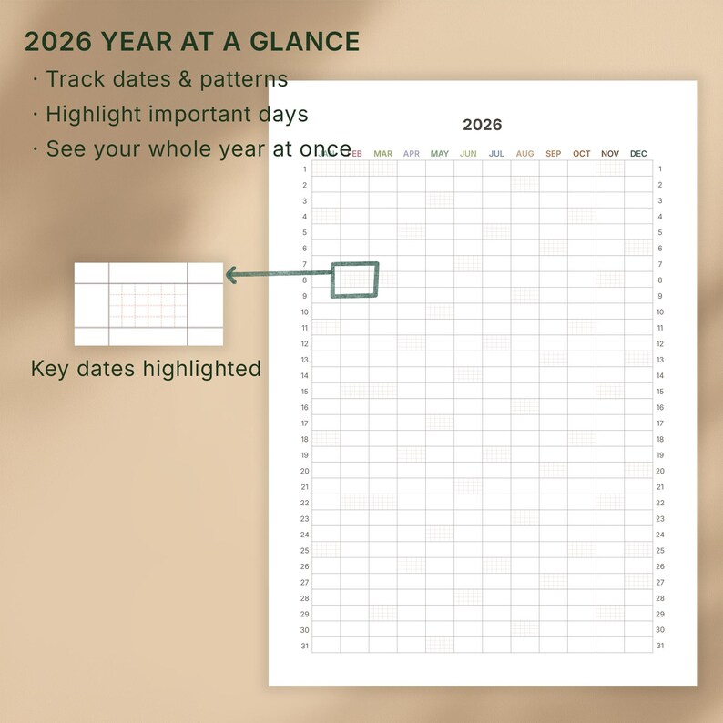 2026 Year at a Glance Printable One Page Portrait Yearly Calendar PDF ...