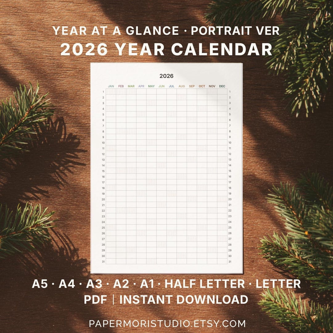 2026 Year at a Glance Printable One Page Portrait Yearly Calendar PDF ...