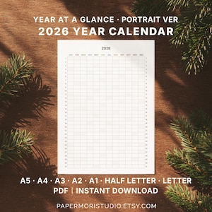 2026 Year at a Glance Printable One Page Portrait Yearly Calendar PDF ...