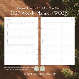 May include: A two-page spread of a 2027 weekly planner insert. The left page features a detailed hourly timetable and a section for a weekly to-do list. The right page has a weekly layout with dotted grid. Text includes "Planner Insert", "2027 Weekly Planner", and "PAPERMORISTUDIO.ETSY.COM".