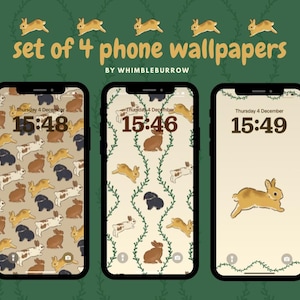 Puede incluir: Conjunto de cuatro fondos de pantalla para teléfono con ilustraciones de conejos en varios colores. Los fondos de pantalla muestran diferentes patrones, incluyendo conejos, hojas y un fondo liso. La hora y la fecha se muestran en cada pantalla del teléfono. El texto "set of 4 phone wallpapers" está en la parte superior.