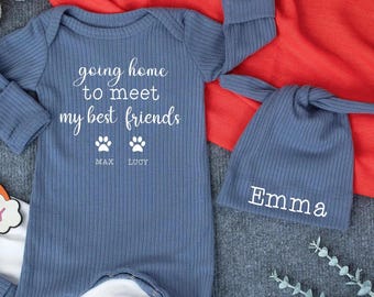 Going Home to Meet My Best Friends Bodysuit, Personalized Newborn Dog Lover Outfit, Funny Dog Mom, Baby Shower Gift, New Baby