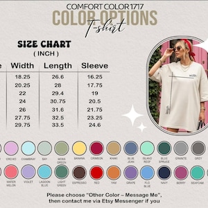 May include: Cream-coloured t-shirt with size chart (inches) and colour options. The chart lists sizes S to 4XL with width, length, and sleeve measurements. A woman in a cream-coloured t-shirt is in the image. Colour options are also shown.