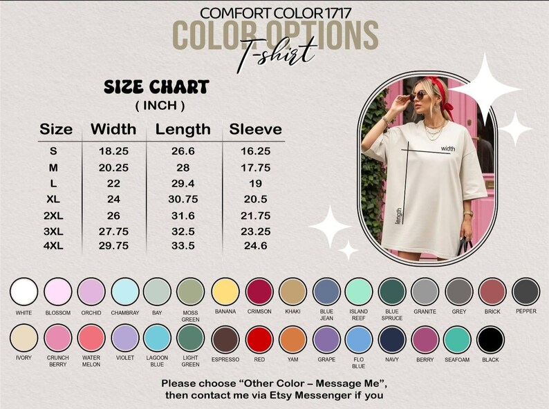May include: Cream-coloured t-shirt with size chart (inches) and colour options. The chart lists sizes S to 4XL with width, length, and sleeve measurements. A woman in a cream-coloured t-shirt is in the image. Colour options are also shown.