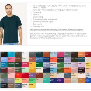 May include: A teal crew neck t-shirt. The image shows a man wearing a short-sleeved, retail fit, unisex sizing shirt. The color chart below shows a variety of colours available.