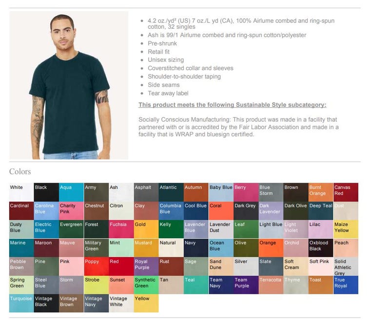 May include: A teal crew neck t-shirt. The image shows a man wearing a short-sleeved, retail fit, unisex sizing shirt. The color chart below shows a variety of colours available.