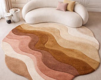 Hand Tufted Abstract Rug, Contemporary Wavy Rug, Neutral Modern Home Decor