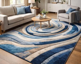 Hand-tufted Wool Area Rug – Abstract Blue Wave Design - Etsy