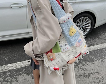 Handmade Colorful Patchwork Knit Bag with 3D Charms Kawaii Boho Tassel Gift for Her