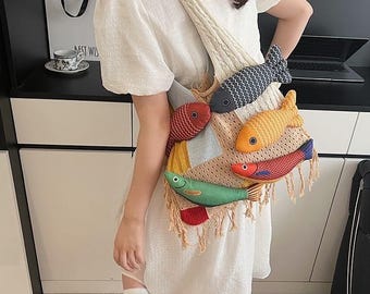 Bunte Fische Patchwork Stricktasche Kawaii Quaste Tote Einzigartige Boho Schultertasche Sommer Accessoire