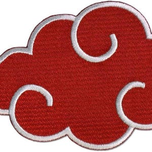 May include: Embroidered patch featuring a red cloud with a white outline. The cloud design has a unique shape with swirling details. This patch is suitable for jackets, bags, or other fabric items.