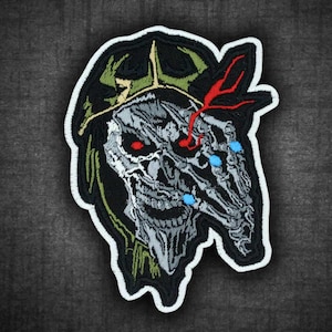 Undead Lich King Iron On Patch | Dark Fantasy Skeletal Mage Embroidery | Anime Gamer Accessory