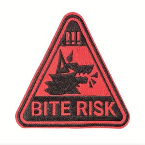 Bite Risk Embroidered Patch, Funny Warning Iron On Applique, Edgy Sarcastic Sew On Badge for Dog Vests Jackets Backpacks