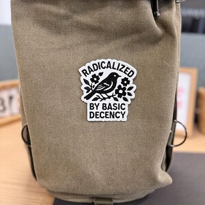 Radicalized By Basic Decency Patch, Vintage Floral Bird Iron On Applique, Black White Awakening Sew On Badge for Denim Hats Bags zdjęcie 4
